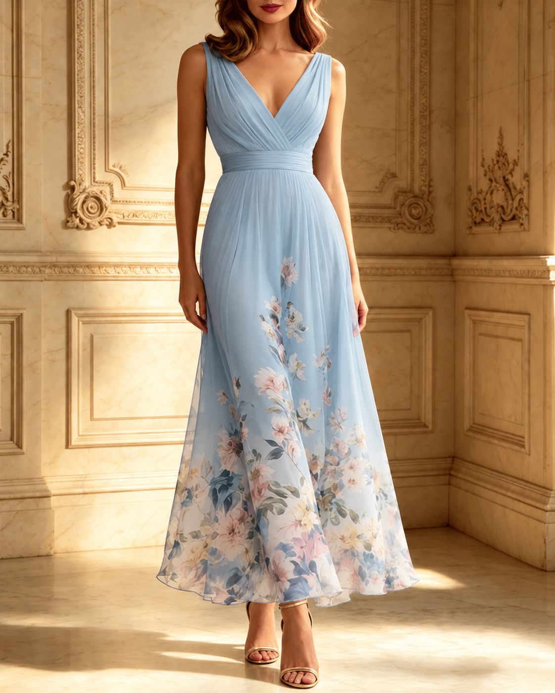 Light Blue Floral Chiffon V Neck Sleeveless A-Line Maxi Dress