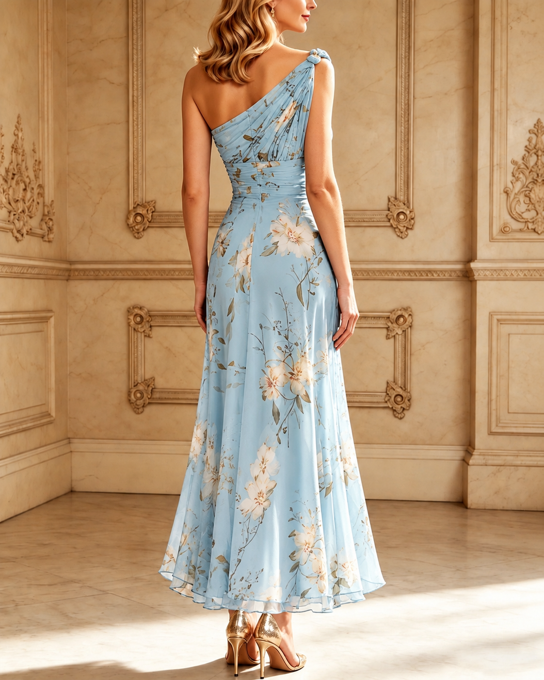 Light Blue Floral Pleated Chiffon One-shoulder Maxi Dress