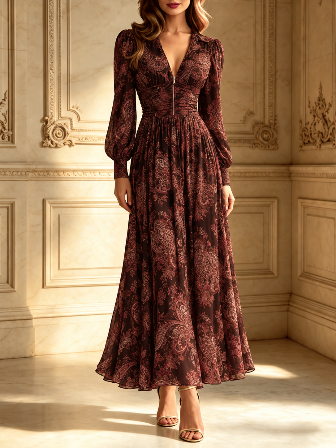 Brown Paisley Zippered Waist Maxi Dress
