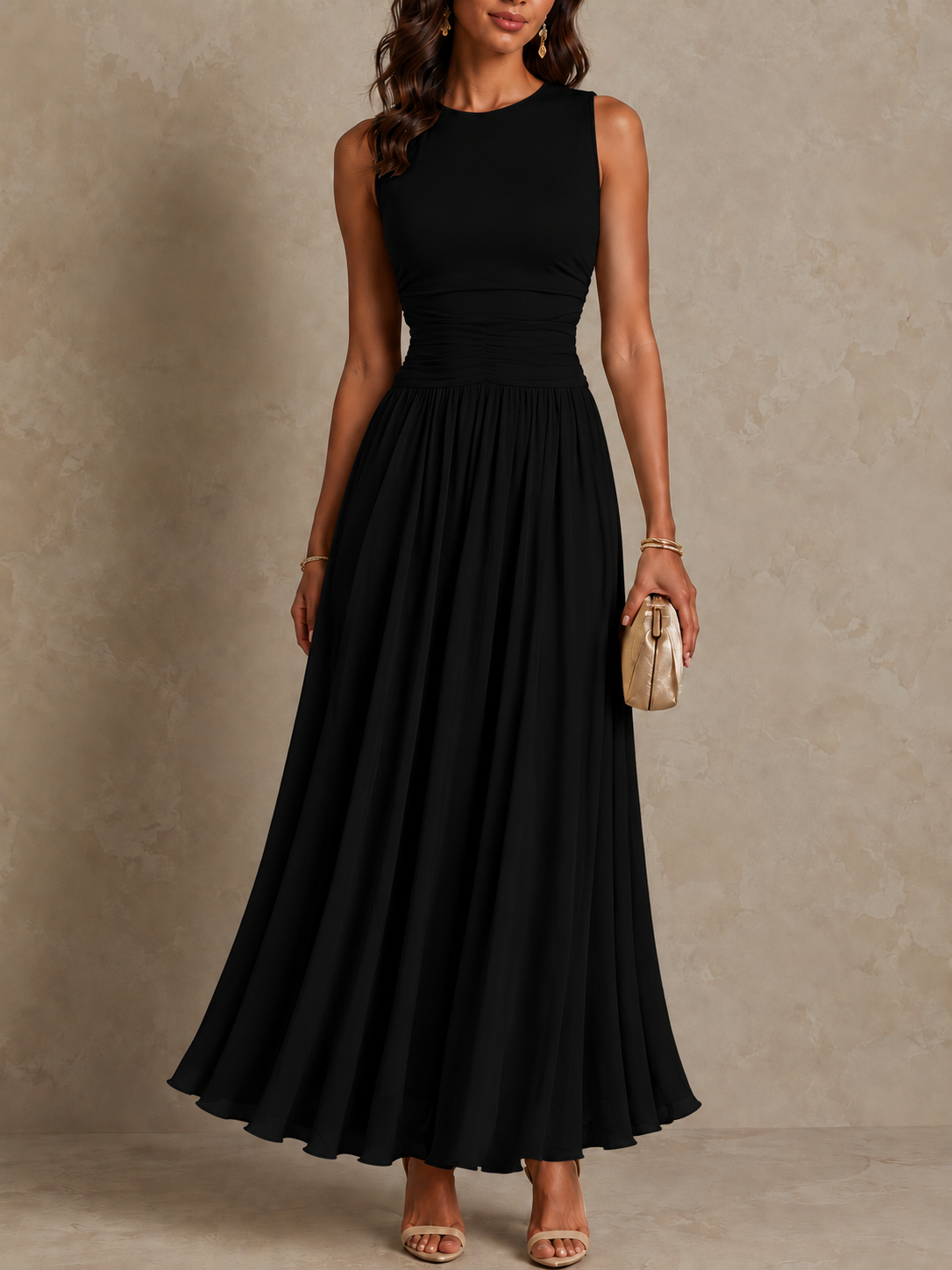 Women's A Line Maxi Dress, Sleeveless Ruched Bodice