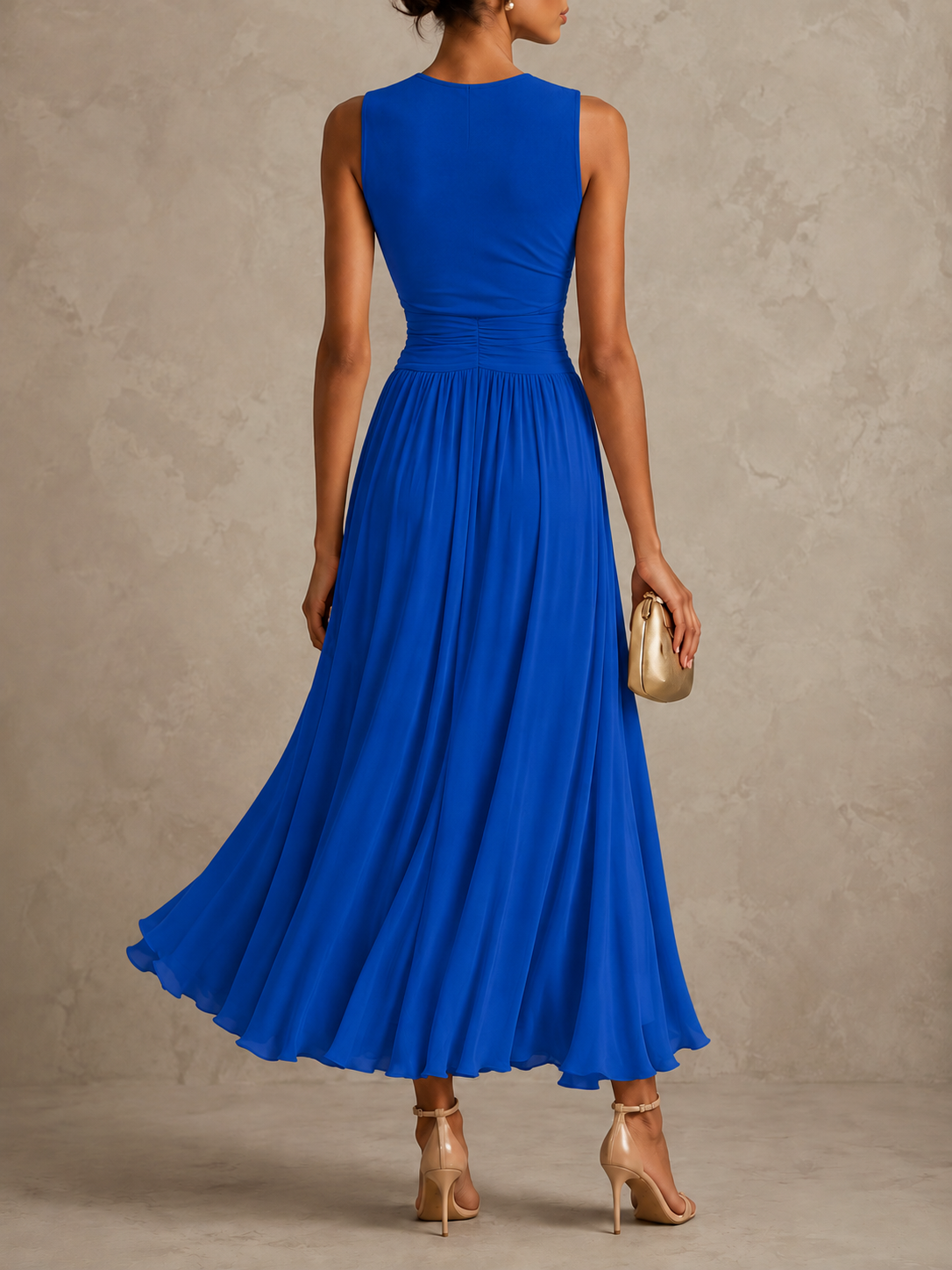 Women's A Line Maxi Dress, Sleeveless Ruched Bodice
