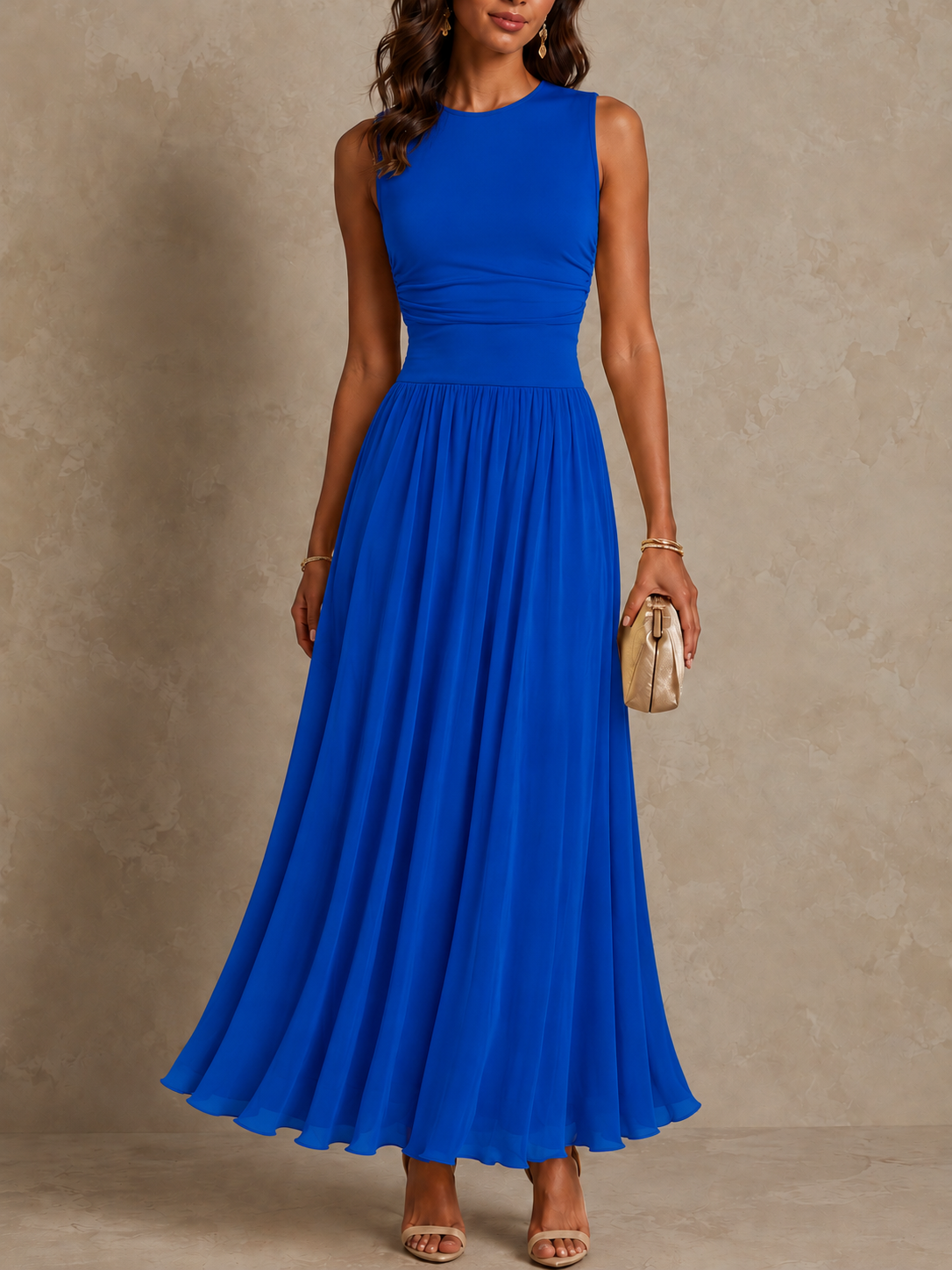 Women's A Line Maxi Dress, Sleeveless Ruched Bodice