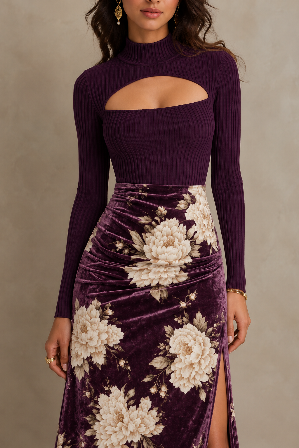 Vintage Keyhole Neckline Ribbed Top & Velvet Floral Print Ruched Maxi Skirt Set
