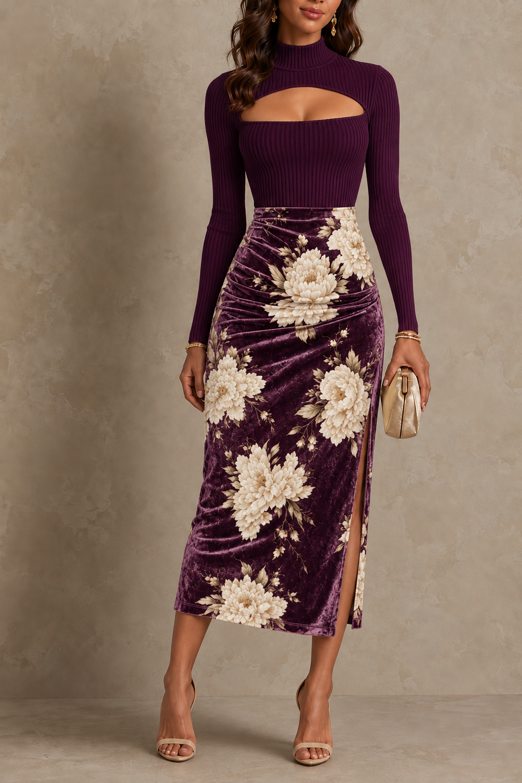 Vintage Keyhole Neckline Ribbed Top & Velvet Floral Print Ruched Maxi Skirt Set