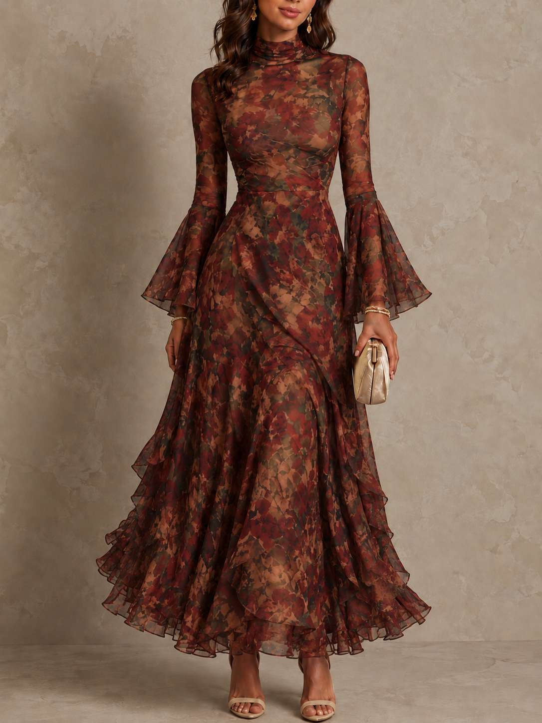 Boho Floral Print Mock Neck Bell Sleeve Ruffle Hem Maxi Dress