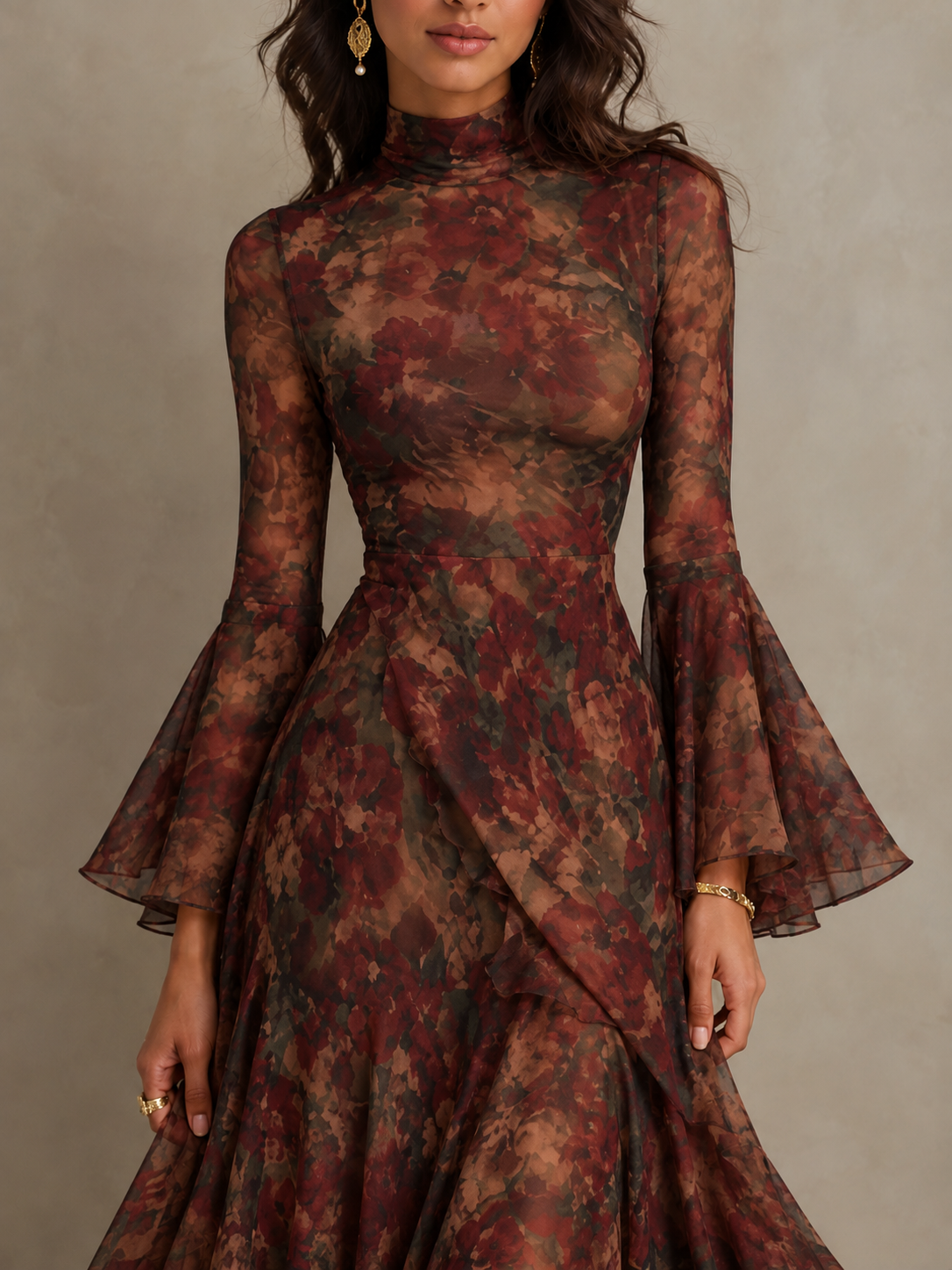 Boho Floral Print Mock Neck Bell Sleeve Ruffle Hem Maxi Dress