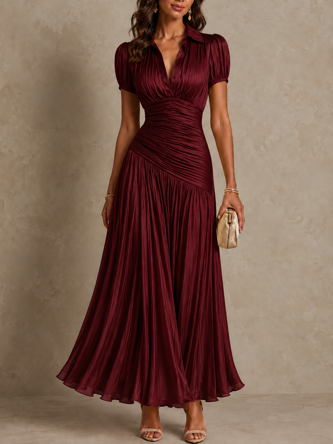 Retro Striped Satin Pleated Bodycon Maxi Dress