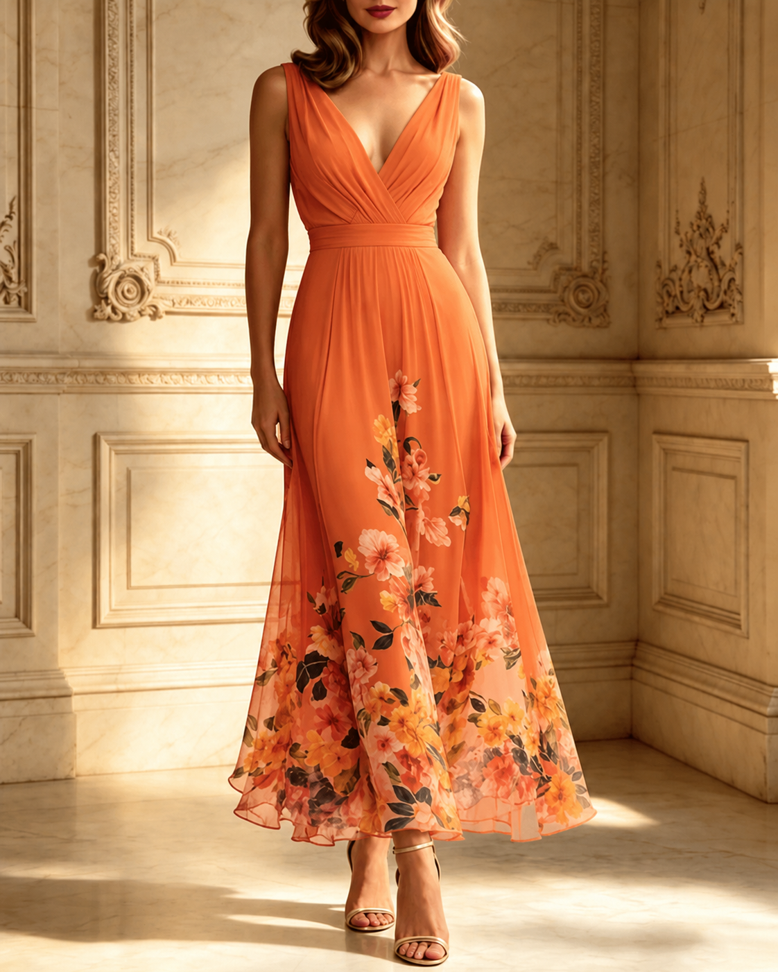 Light Blue Floral Chiffon V Neck Sleeveless A-Line Maxi Dress