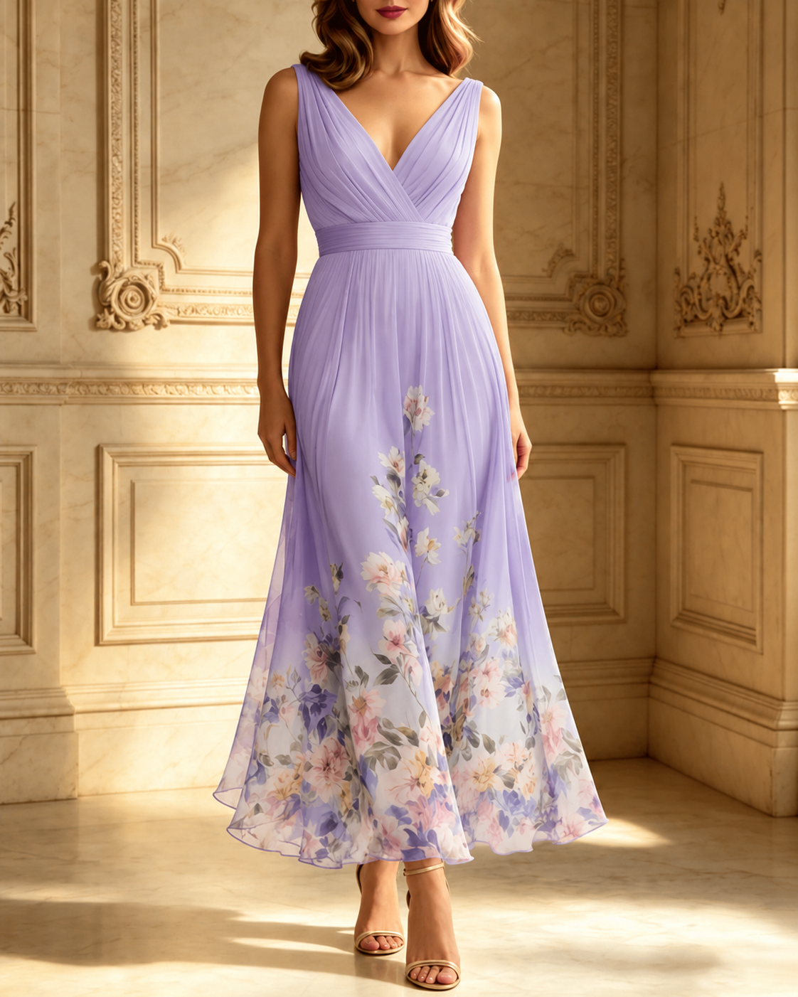 Light Blue Floral Chiffon V Neck Sleeveless A-Line Maxi Dress