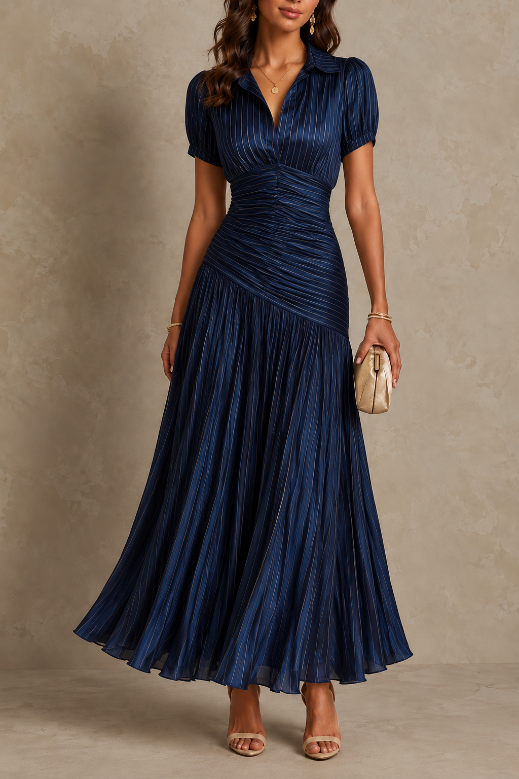 Retro Striped Satin Pleated Bodycon Maxi Dress