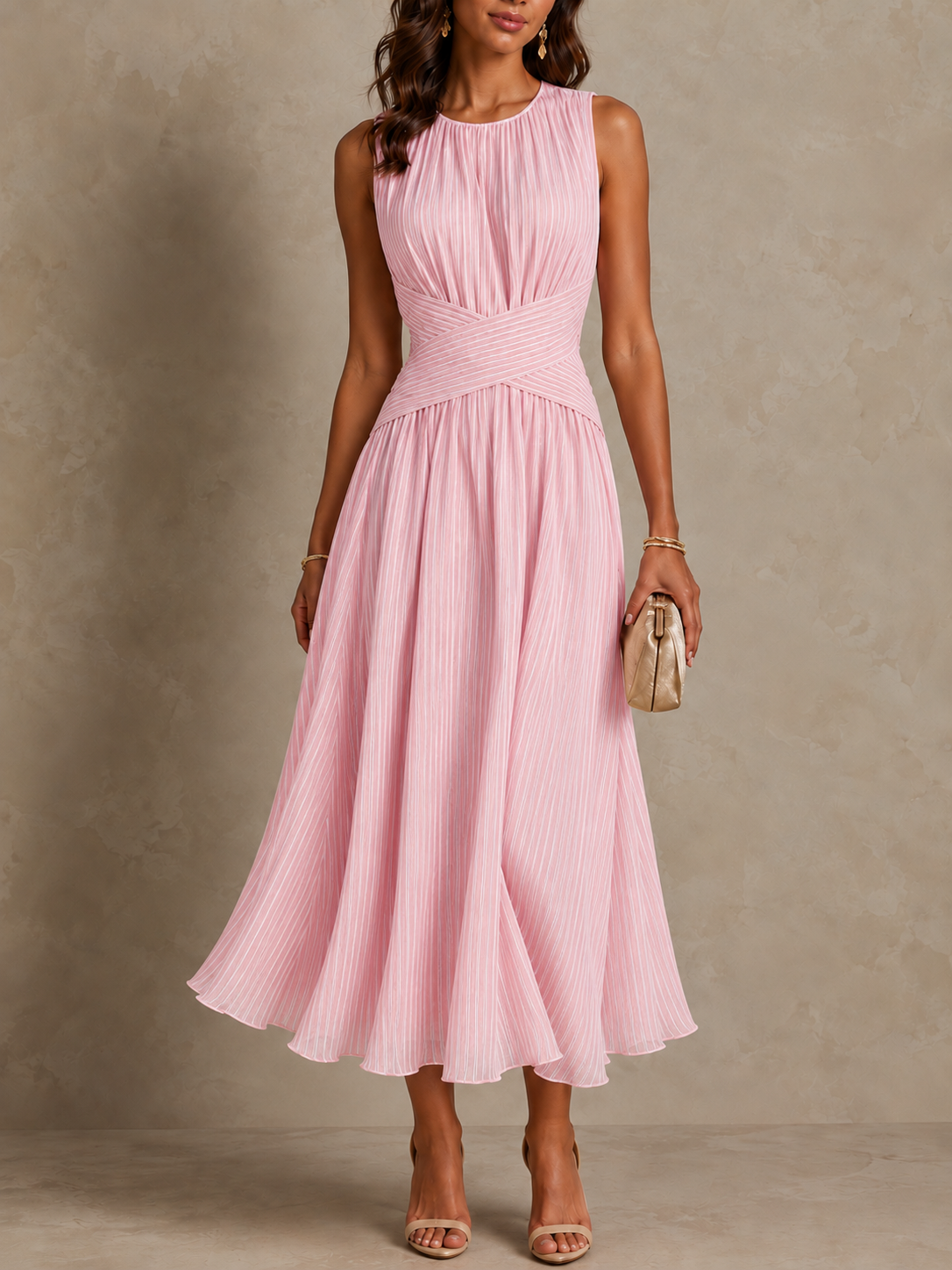 Marellé – Striped Wrap Waist Maxi Dress Sleeveless