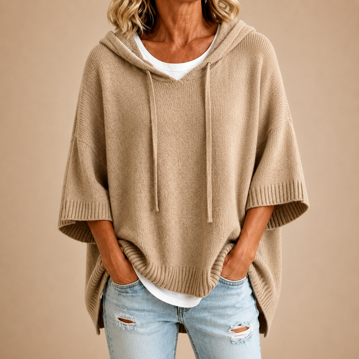 Oriana knitted poncho, hip length over jeans
