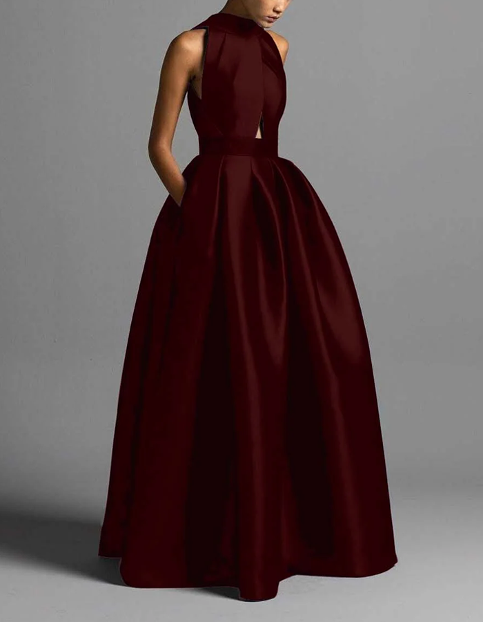 Maxi dress in satin with high neckline