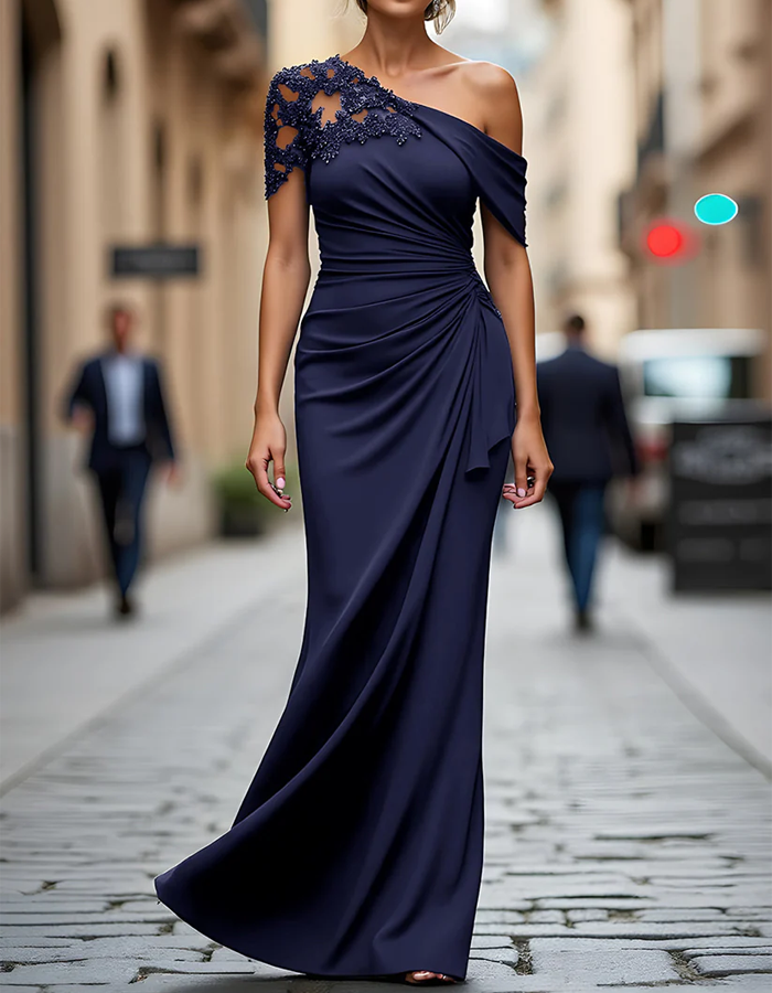Maxi dress with one shoulder, lace appliqué, and pleated fabric