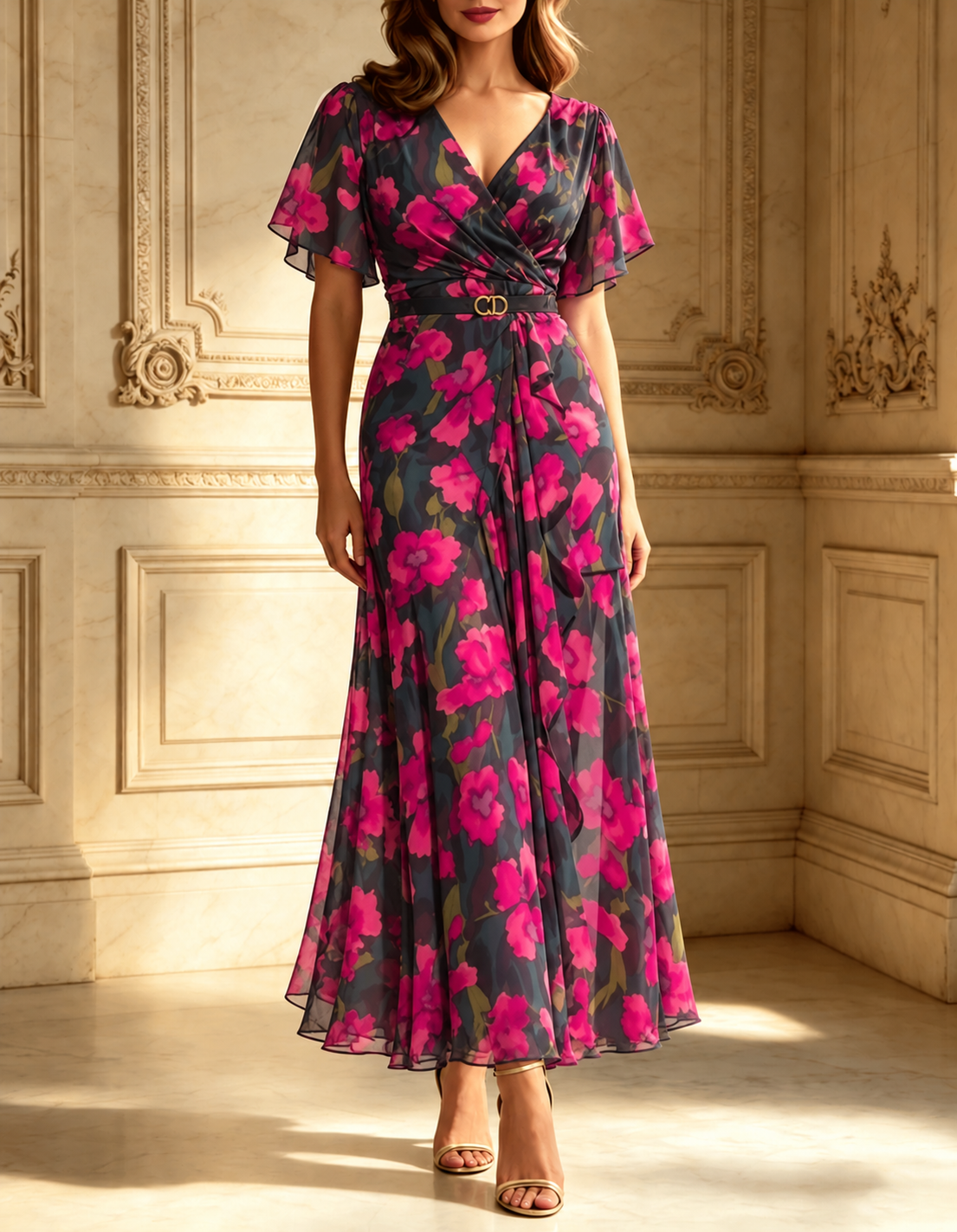 Retro V-neck trumpet sleeve printed dress