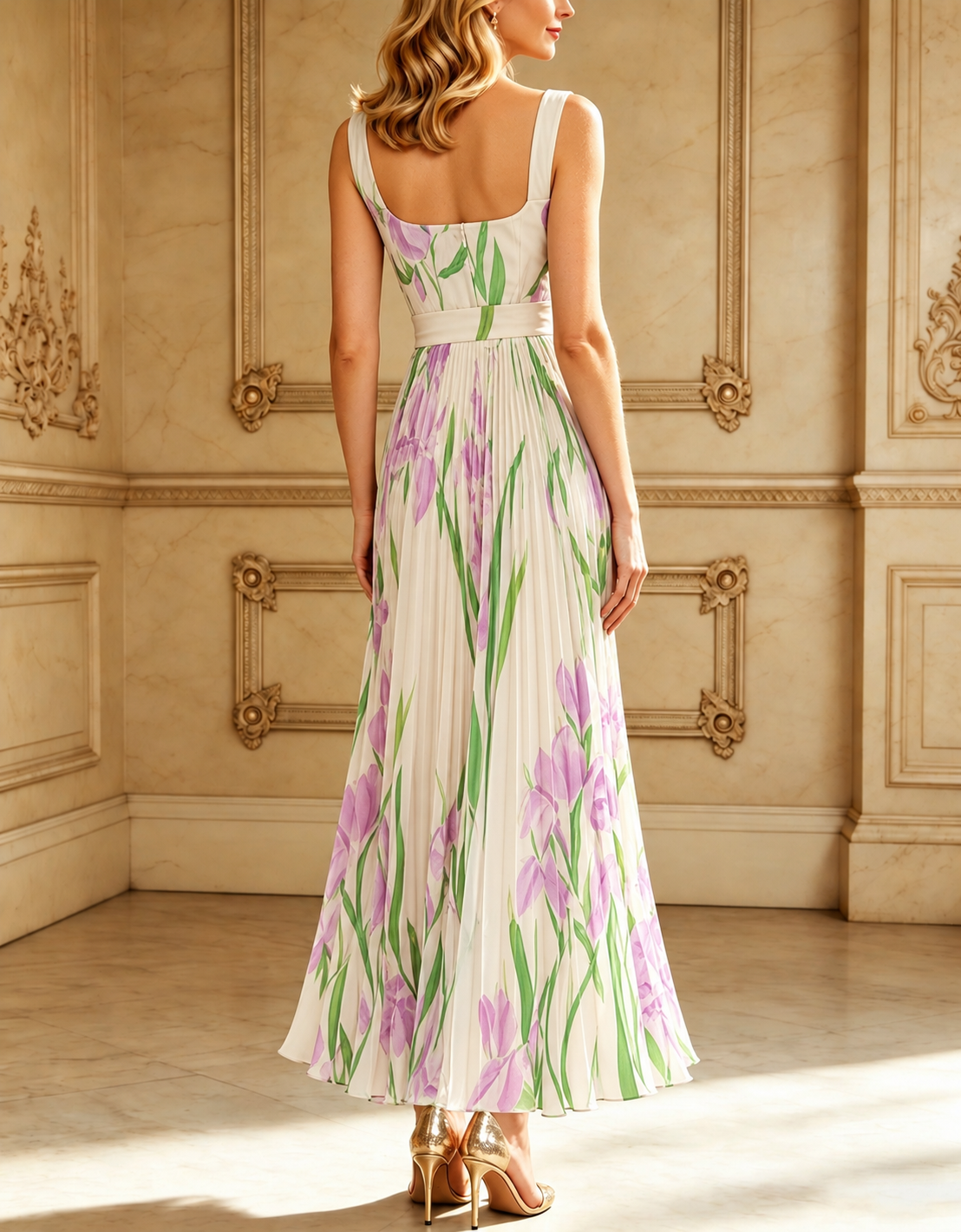 White Pleated Floral Chiffon Square Neck Sleeveless A-Line Maxi Dress