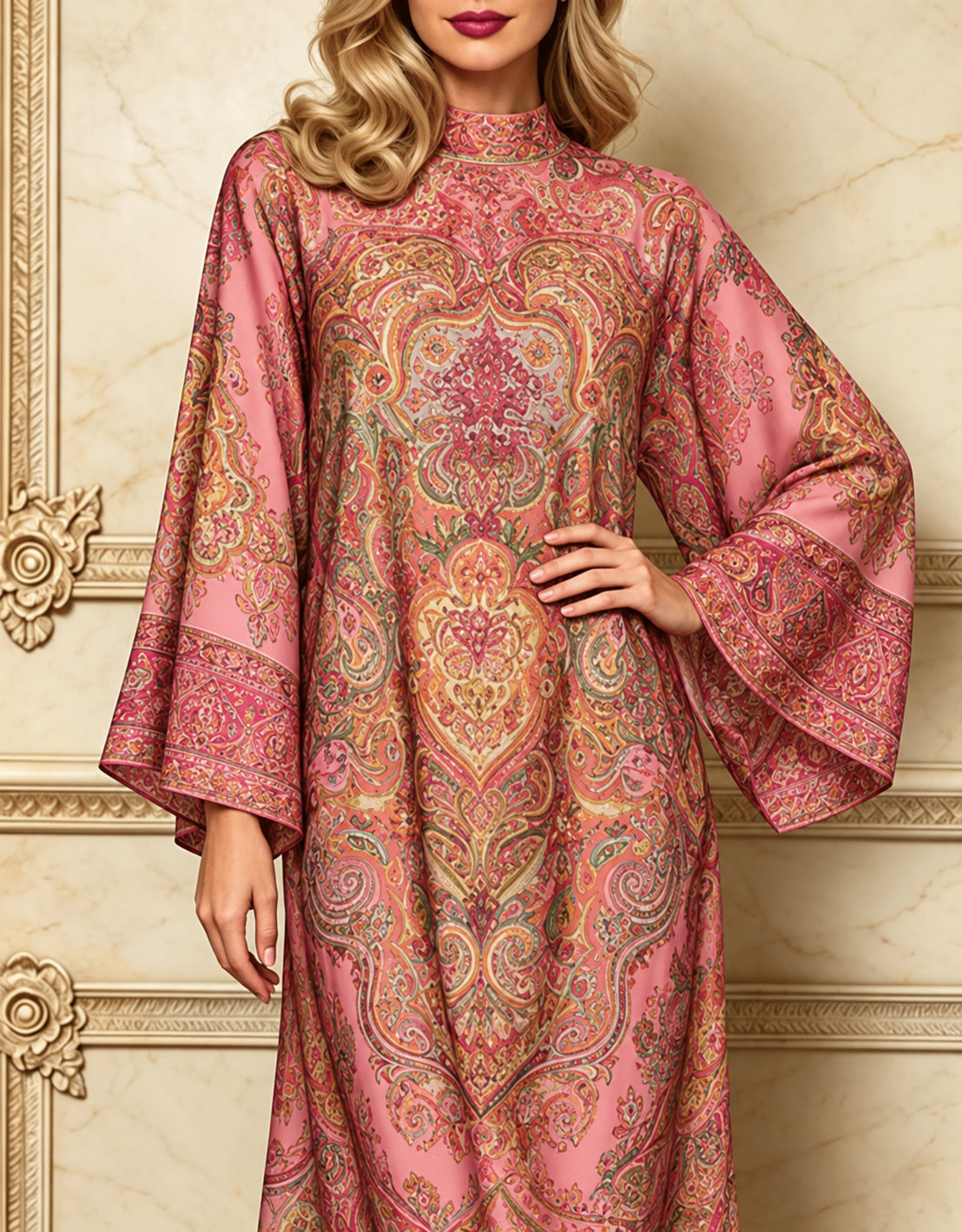 Pink Paisley Print Flared Long Sleeve Loose Midi Dress