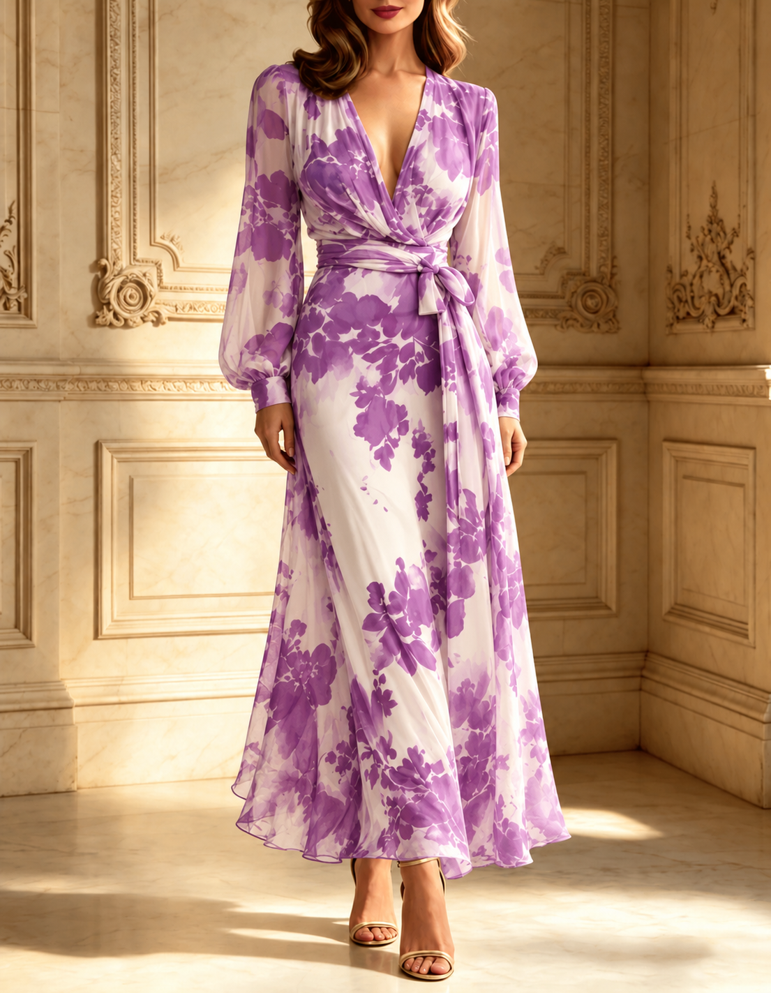 Rose Red Floral V-neck Belted Maxi Dress