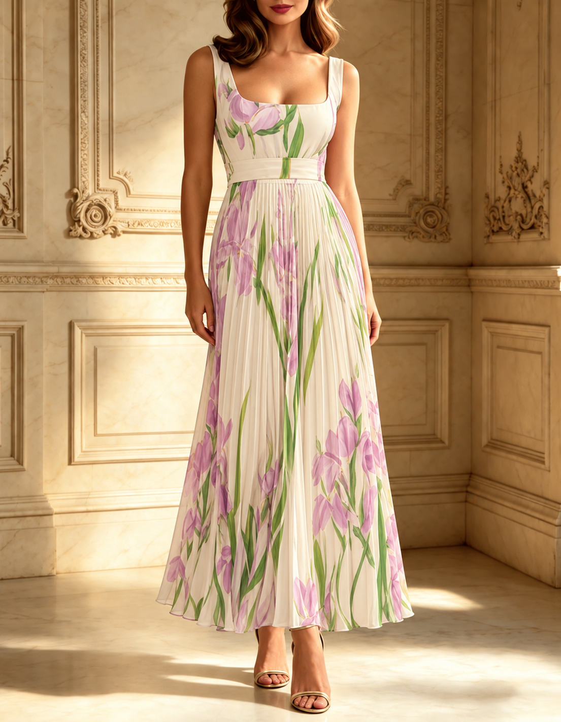 White Pleated Floral Chiffon Square Neck Sleeveless A-Line Maxi Dress