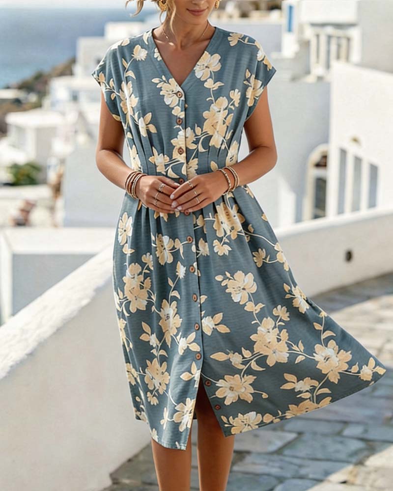 V-Neck Printed Dress Fitted Waist Button Front