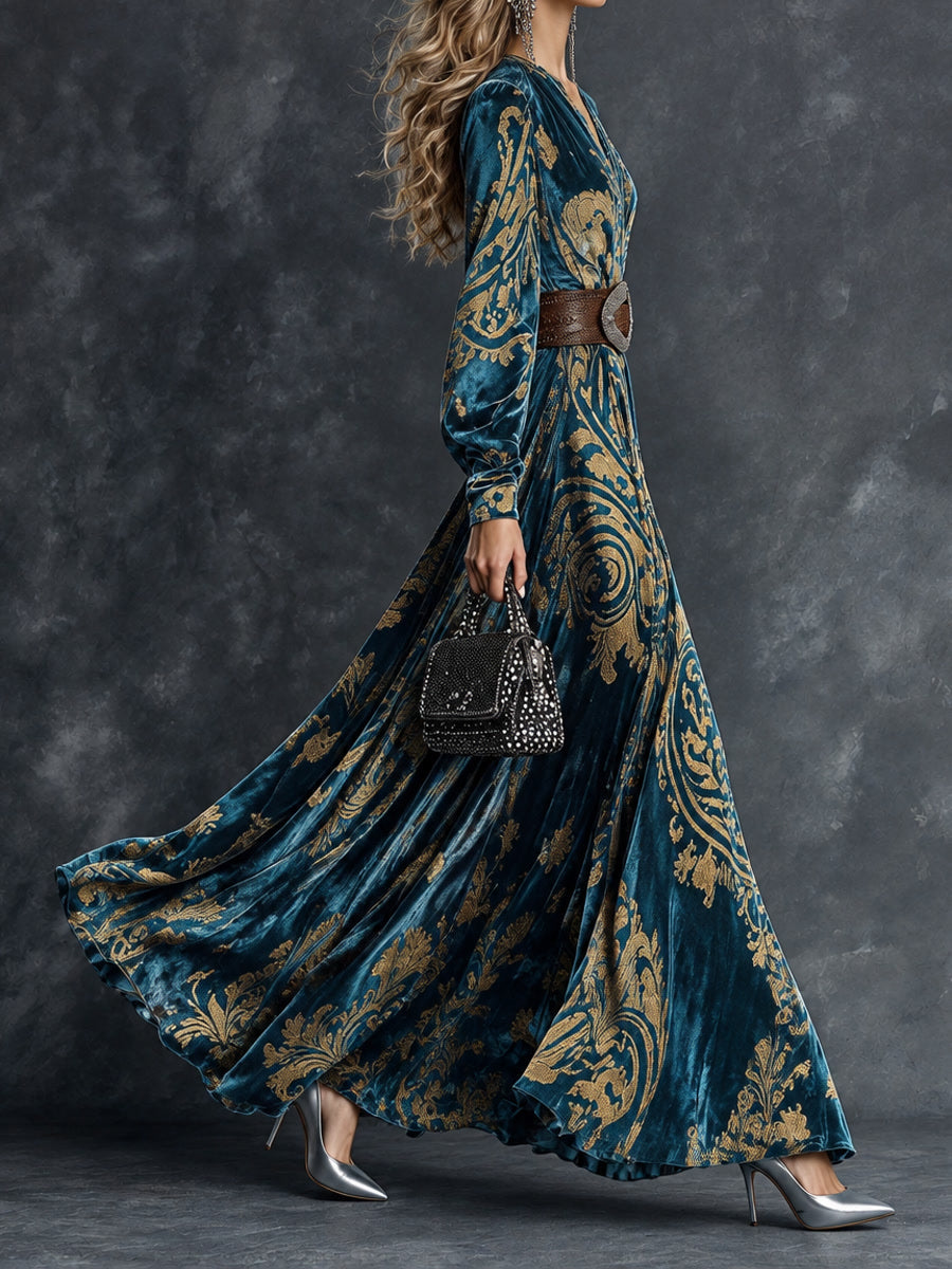 Teal Blue & Gold Baroque Print Maxi Dress