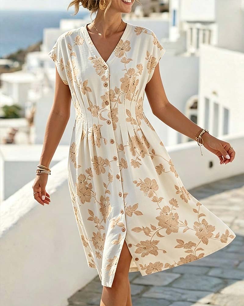 V-Neck Printed Dress Fitted Waist Button Front