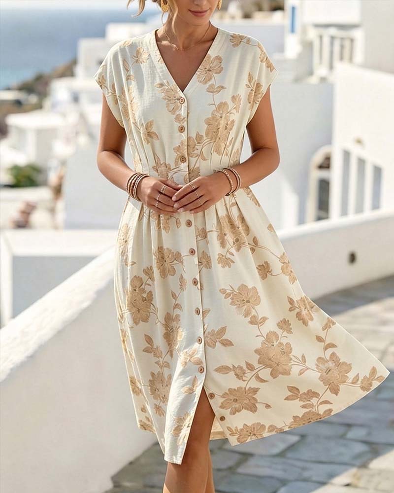 V-Neck Printed Dress Fitted Waist Button Front