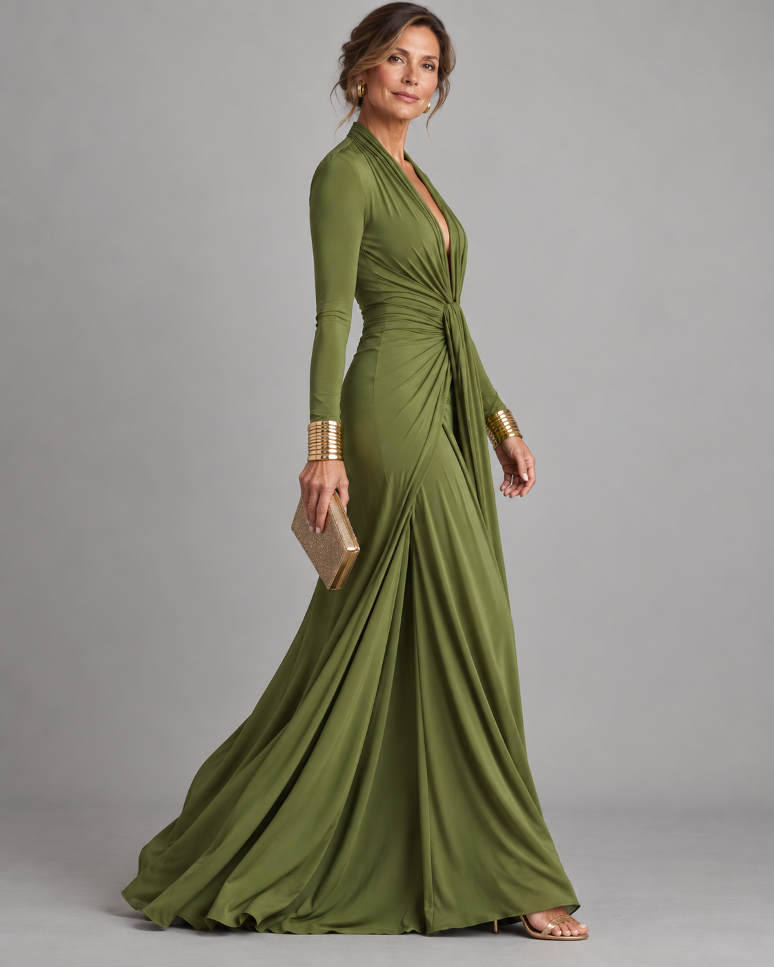 Olive Green Deep V-neck Pleated Glamorous Maxi Dress