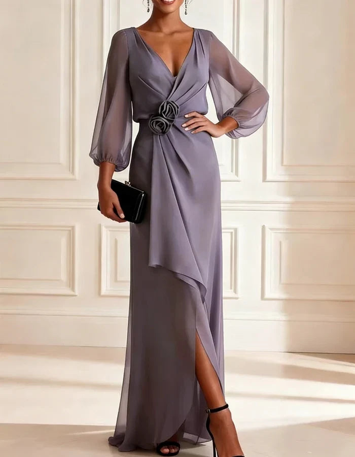 Maxi dress in sage green chiffon with V-neck and puff sleeves