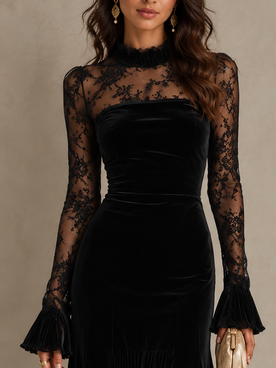 Vintage-Style Lace-Panel Polyester Velvet Black Maxi Dress