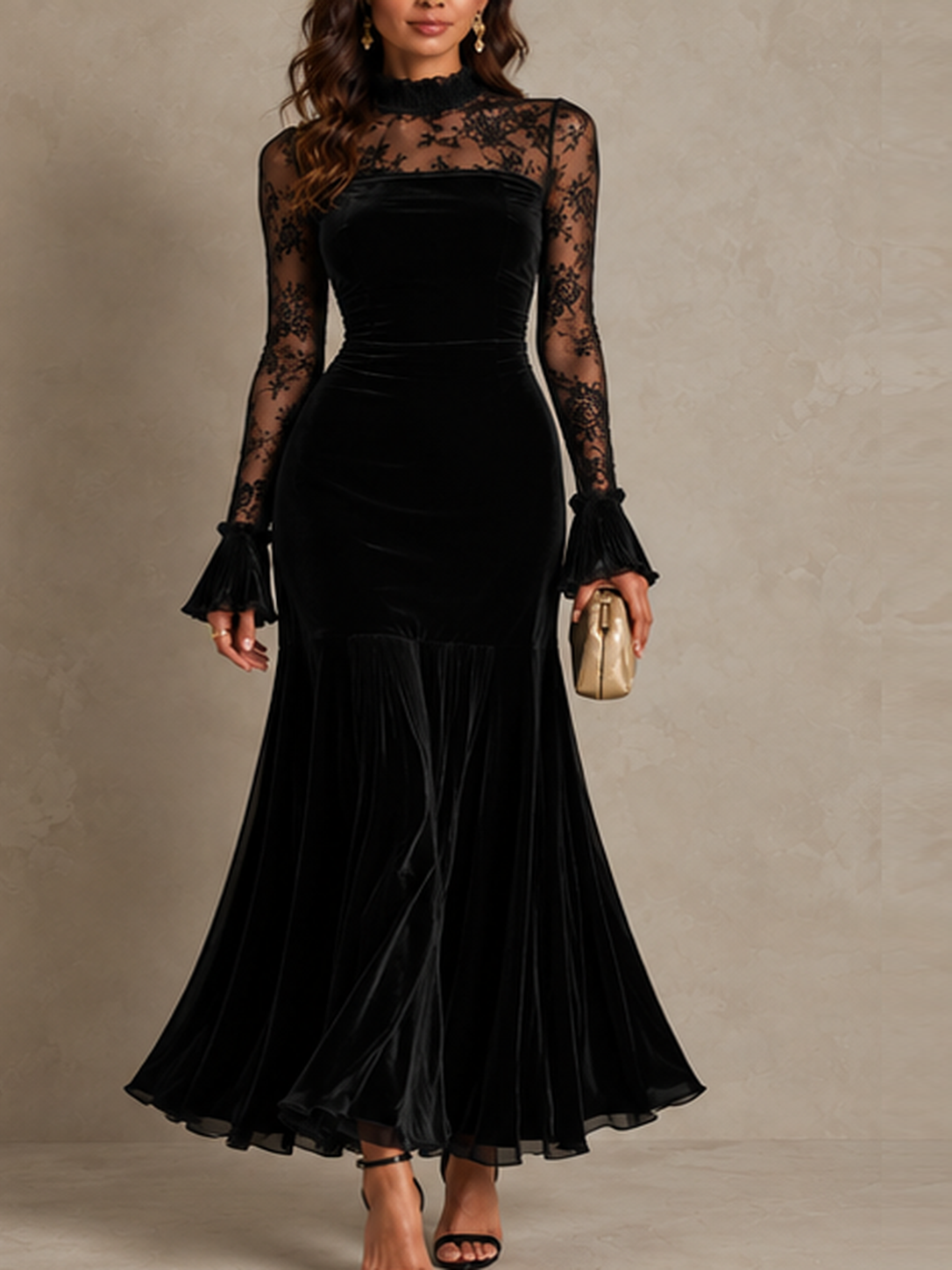 Vintage-Style Lace-Panel Polyester Velvet Black Maxi Dress