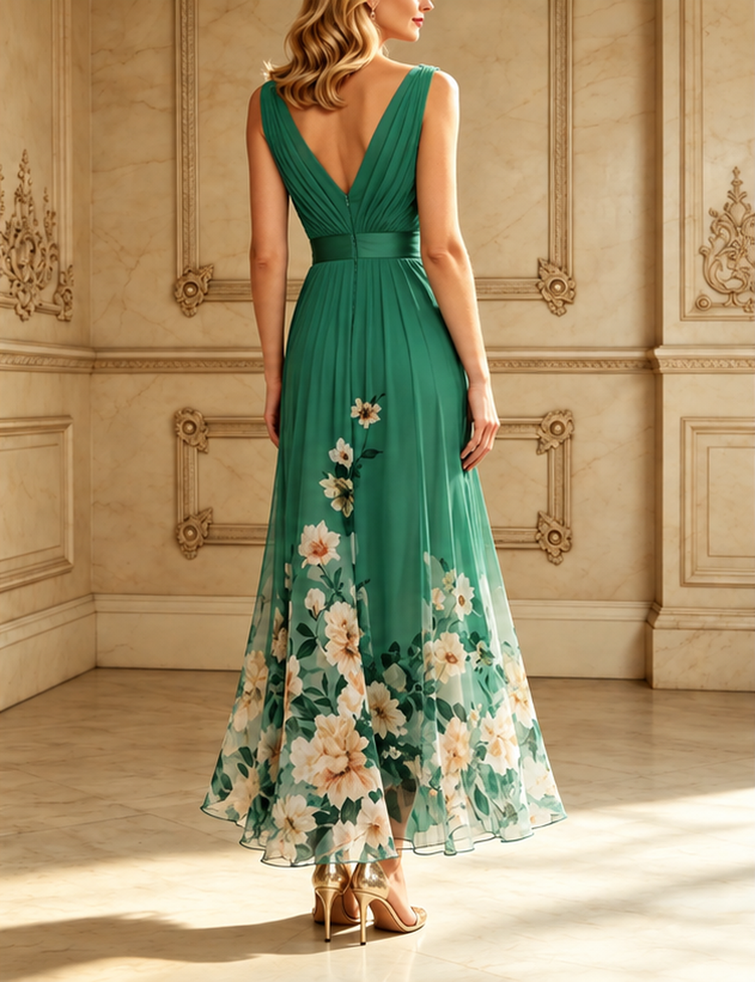 Light Blue Floral Chiffon V Neck Sleeveless A-Line Maxi Dress