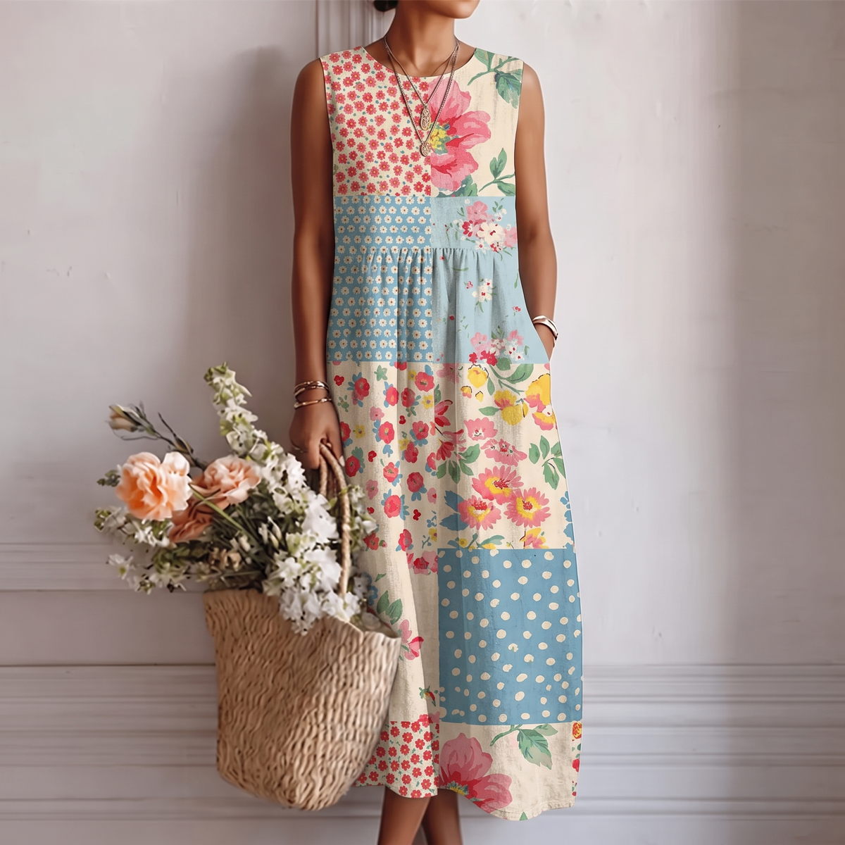 Amelia - Floral Patchwork Sleeveless Midi Dress