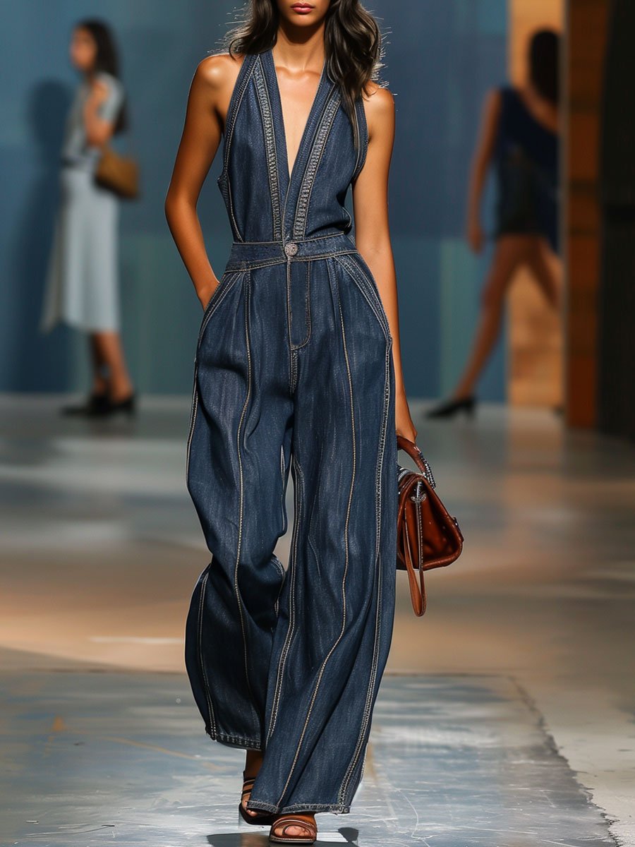 V-Neck Casual Retro Sleeveless Wide-Leg Denim Jumpsuit