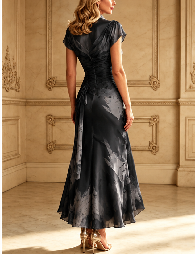 Red Black Abstract Print Wrap Midi Dress Collared V Neck Short Sleeve Tie Waist Ruffled High‑Low Hem Dress