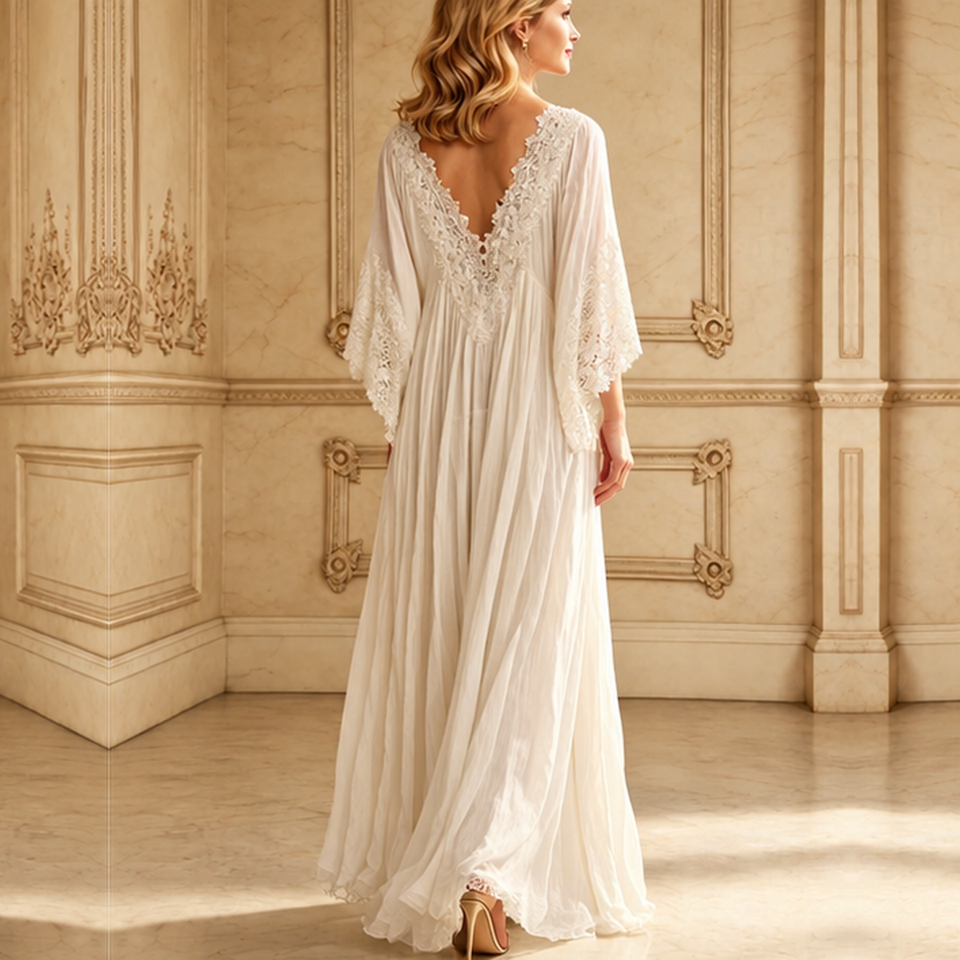 CELESTE | IVORY CHIFFON LONG DRESS WITH BATWING SLEEVES AND WHITE LACE
