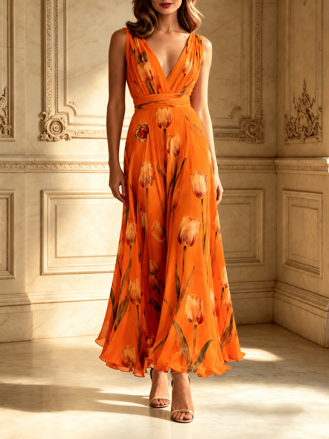 Julia | Floral V-Neck Chiffon Maxi Dress
