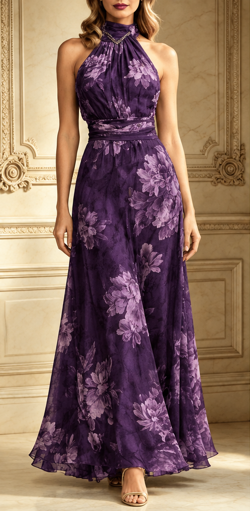 Saskia | Green Floral Halter Maxi Dress