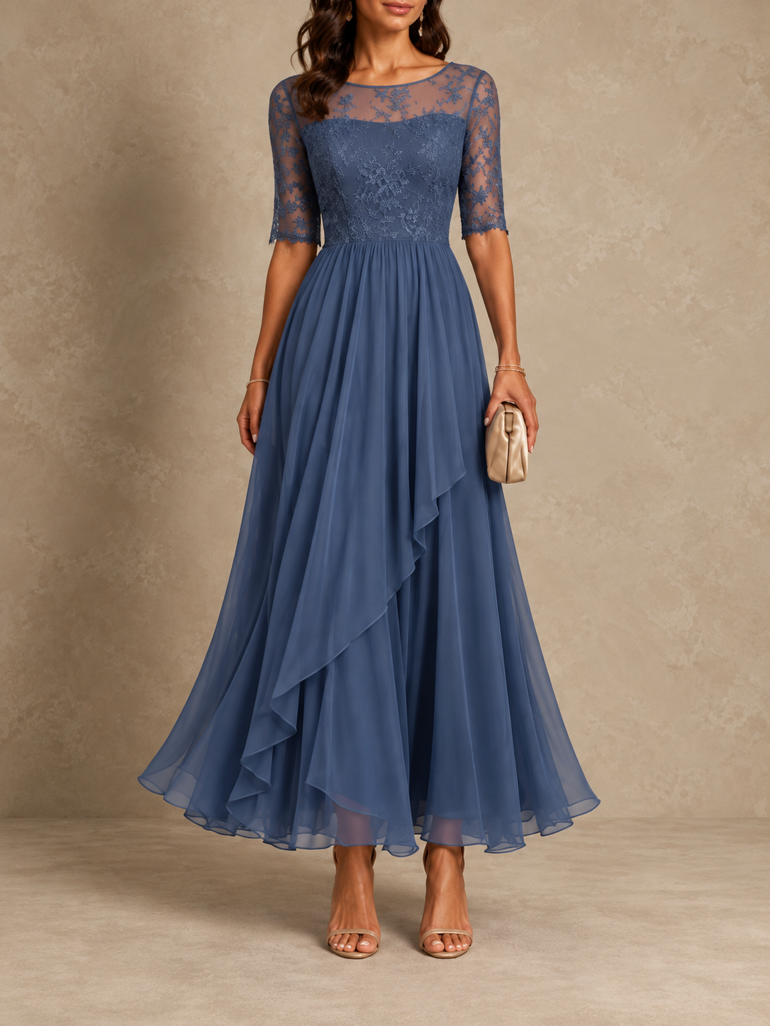 Rose – dusty blue lace dress with consistent collection-card framing