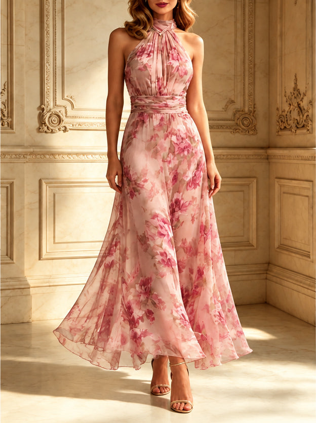 Saskia | Green Floral Halter Maxi Dress