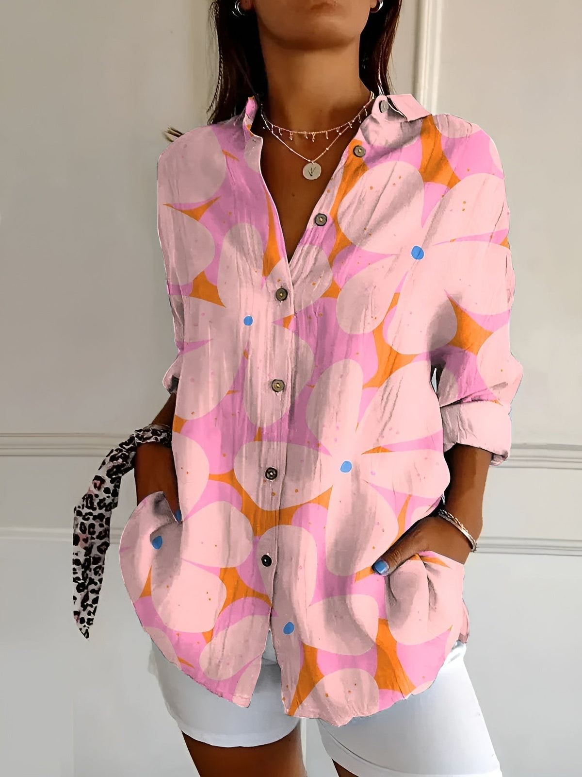 Julie - Shirt Blouse with Floral Branches and Front Pockets