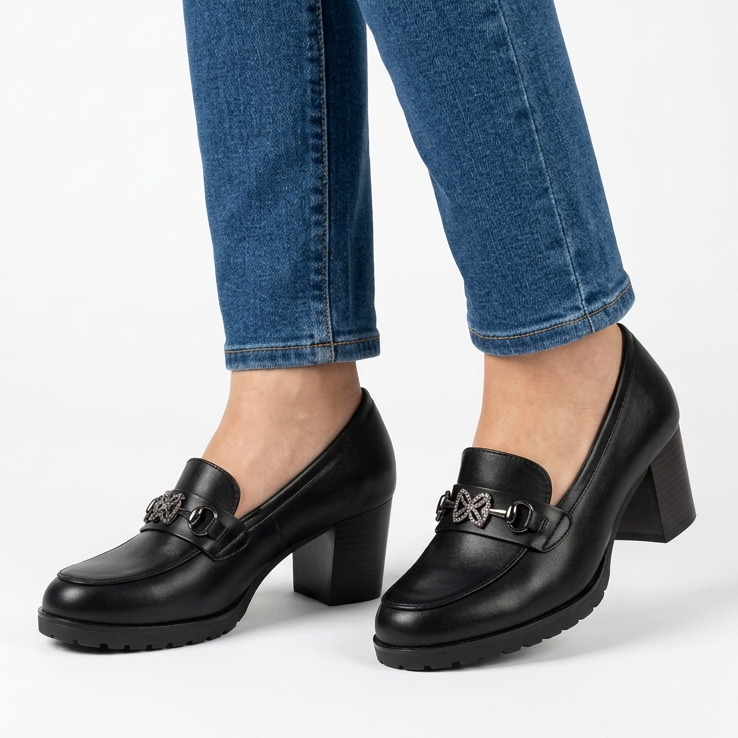 Veronica block heel loafer in black, three-quarter angle