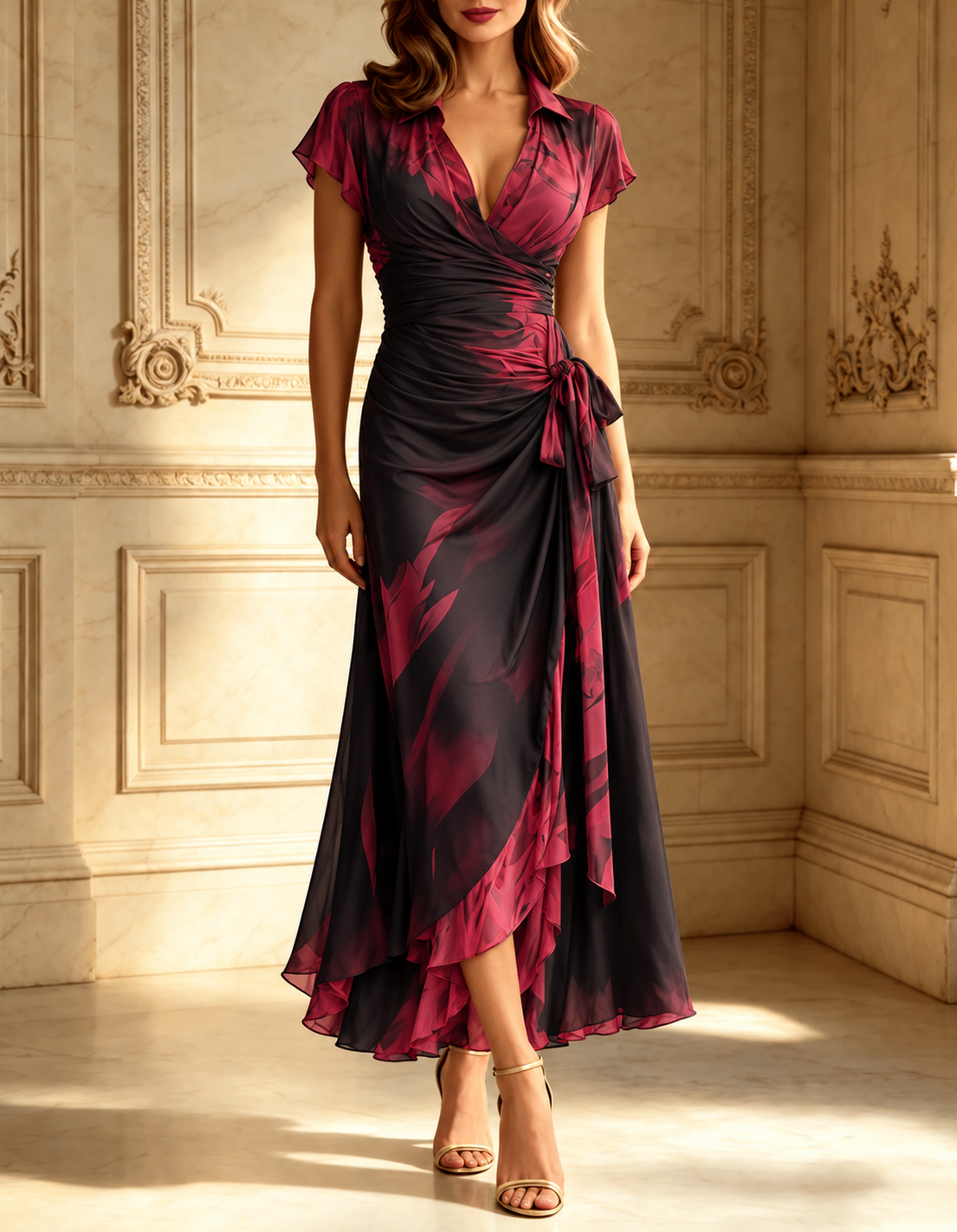 Red Black Abstract Print Wrap Midi Dress Collared V Neck Short Sleeve Tie Waist Ruffled High‑Low Hem Dress