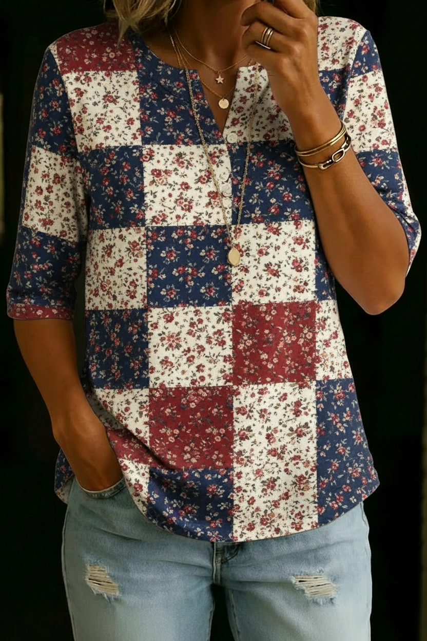Navy patchwork floral blouse