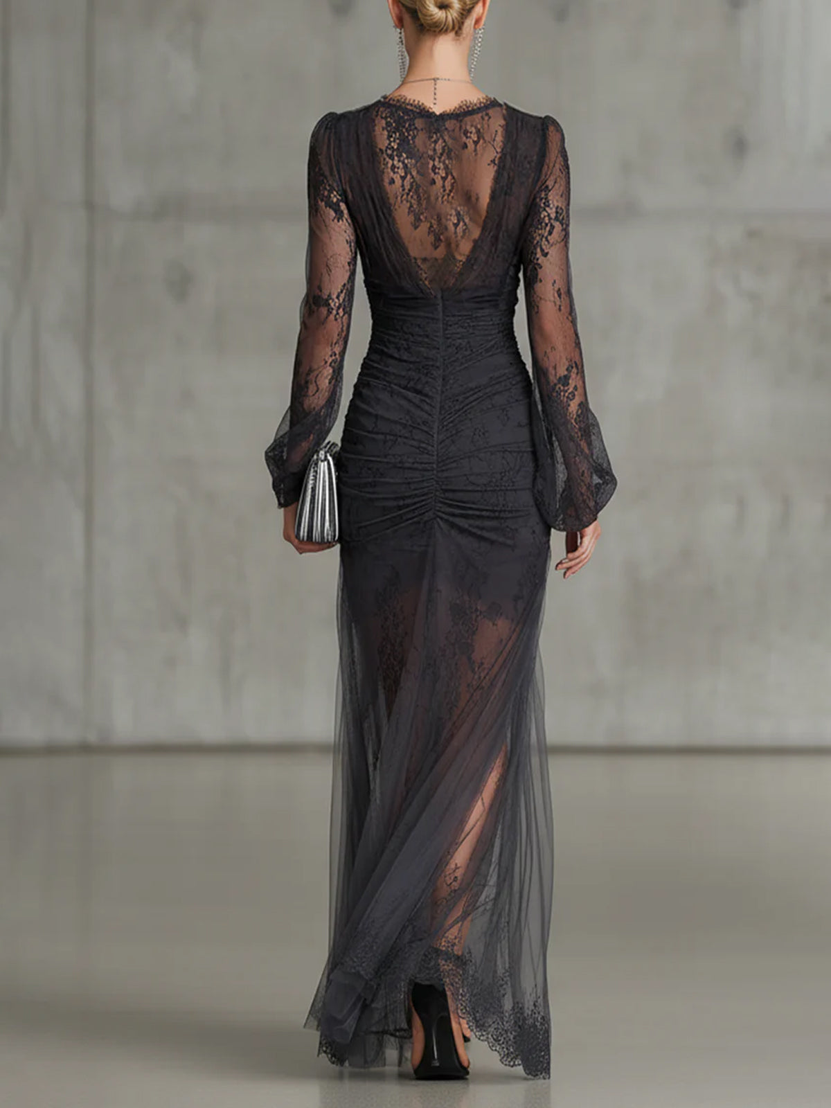 Long Lace Dress for Women with V-Neck and High Slit