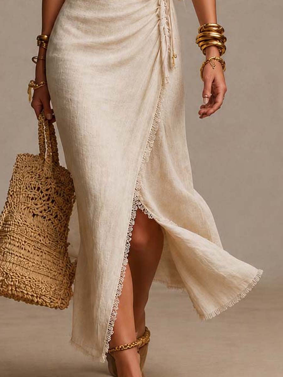 Isabella | Maxi Wrap Dress in Linen Blend with Lace, Beige