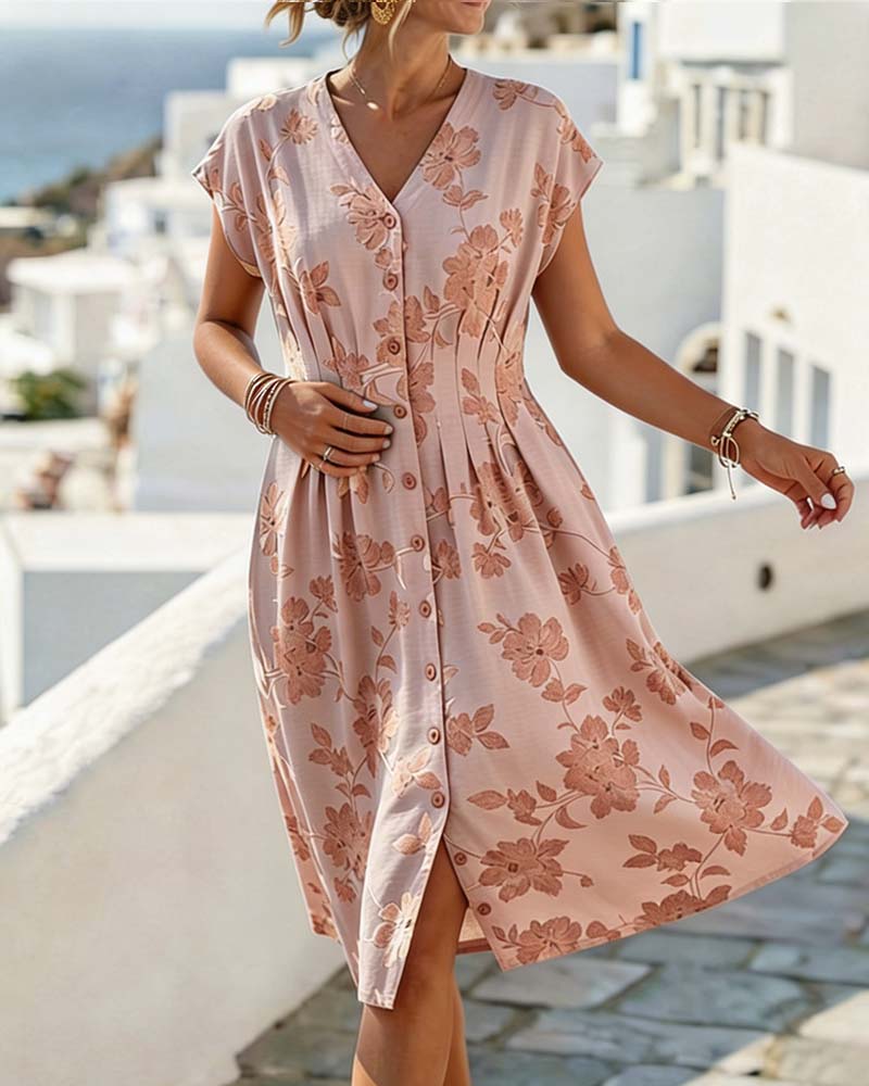 V-Neck Printed Dress Fitted Waist Button Front