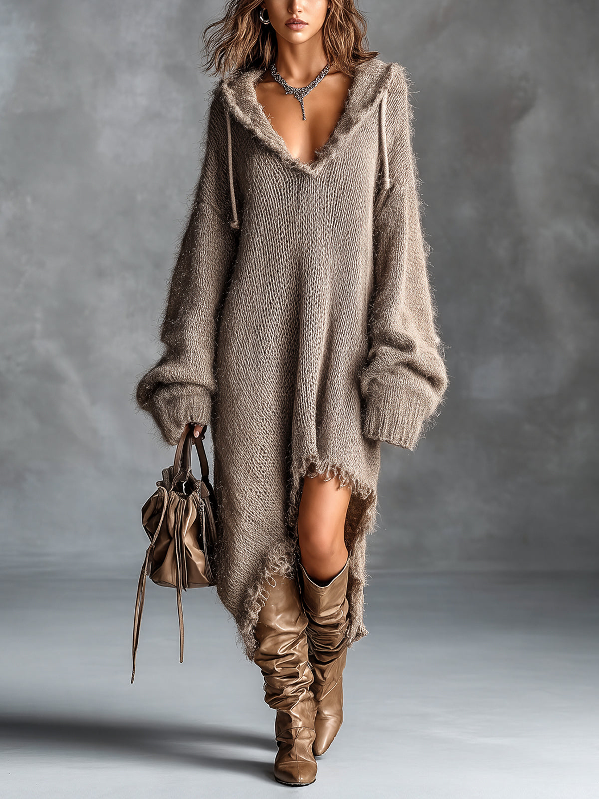 Mathilde fuzzy hooded knit midi dress, front view
