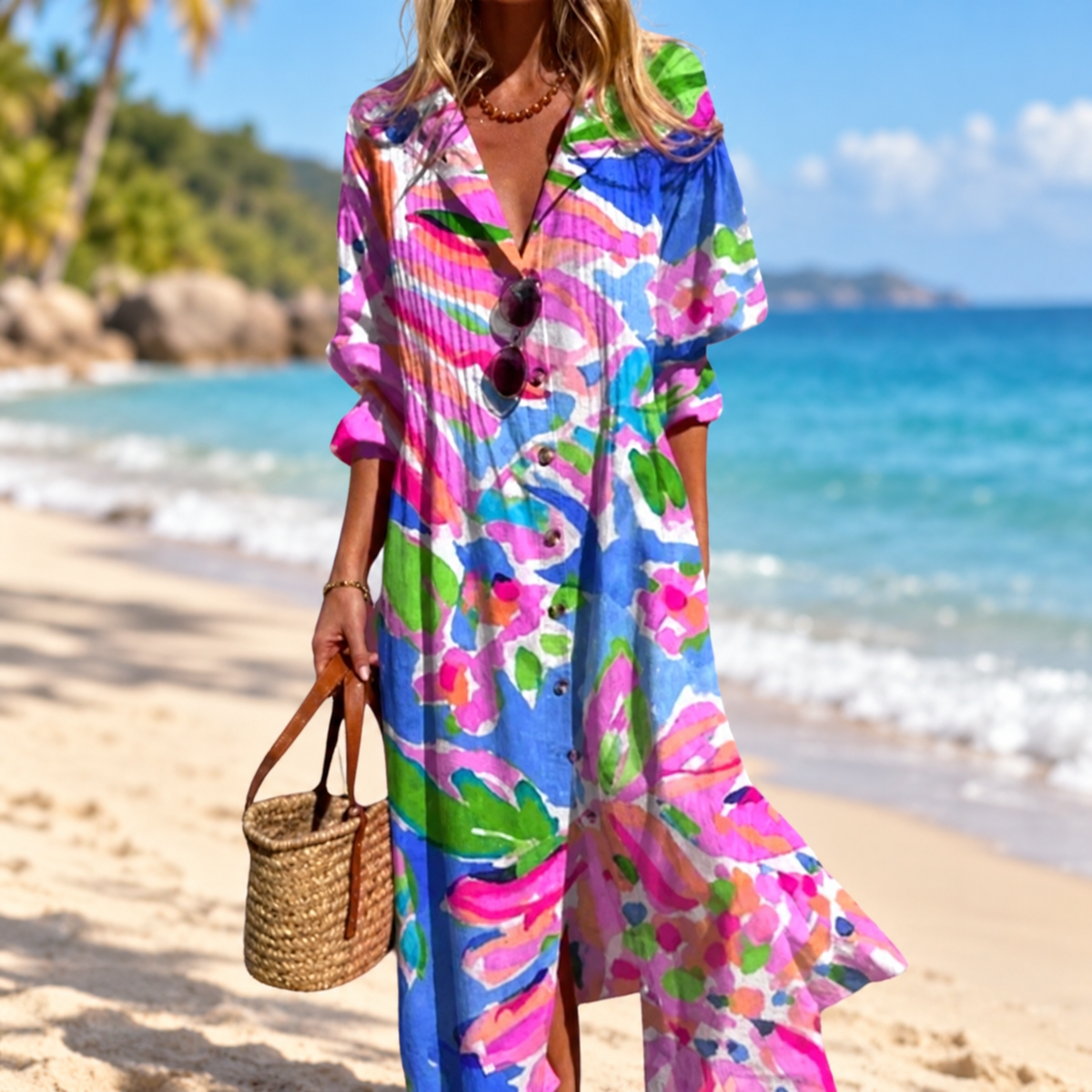 Paula | Women's Half-Sleeve Boho Maxi Dress with Bold Print