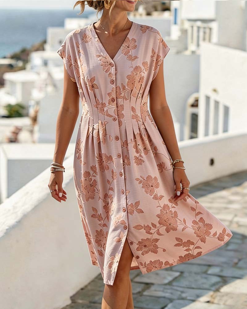V-Neck Printed Dress Fitted Waist Button Front